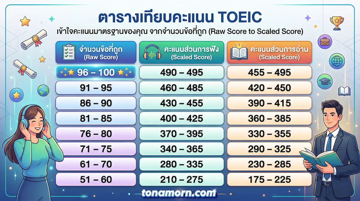 TOEIC-Score ตารางคะแนน TOEIC 2026 เทียบ Scaled Score